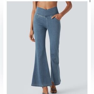 HALARA Mid-Blue Flared High-Waist Jeans